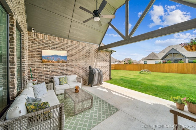 5918 E 127th Pl S, Tulsa, OK 74008 - view of patio with a ceiling fan, an outdoor living space, and area for grilling
