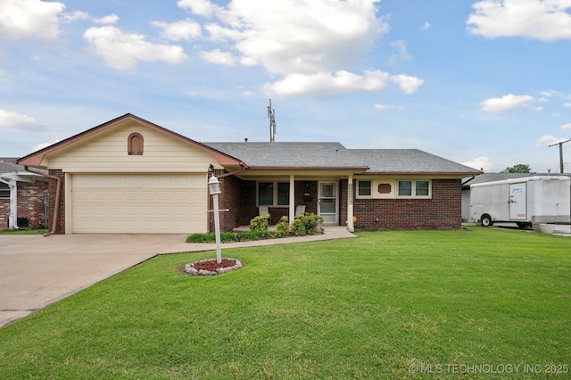 3823 S 88th E Pl, Tulsa, OK 74145 - ranch-style home featuring brick siding, a garage, concrete driveway, and a front lawn