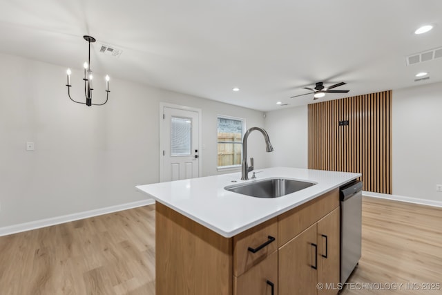 1448 N Main St Unit 2, Tulsa, OK 74106 - kitchen with a sink, dishwasher, light wood finished floors, ceiling fan, and a center island with sink