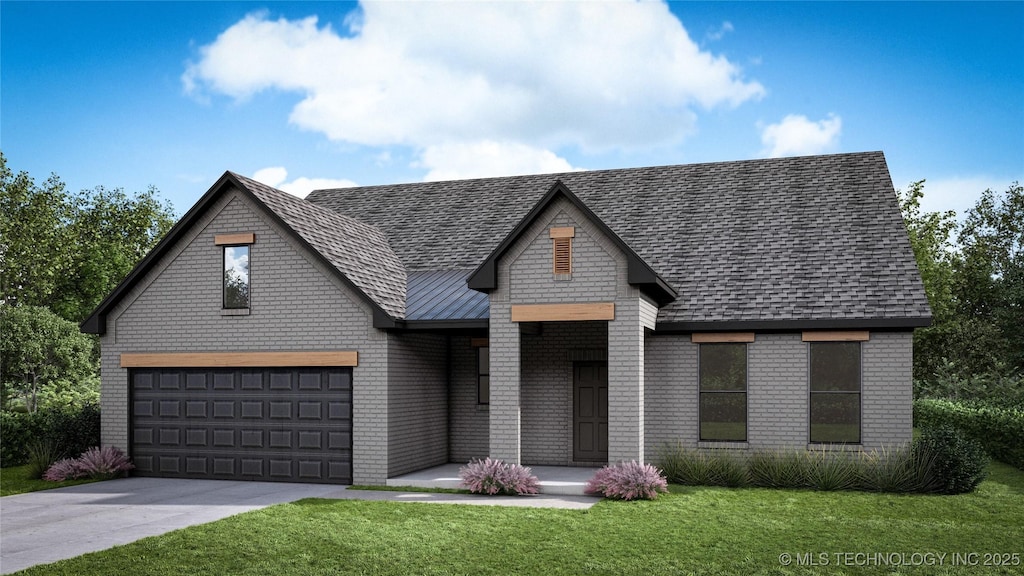 12005 E 106th Pl N, Owasso, OK 74055 - view of front facade featuring driveway, brick siding, a front lawn, and a shingled roof
