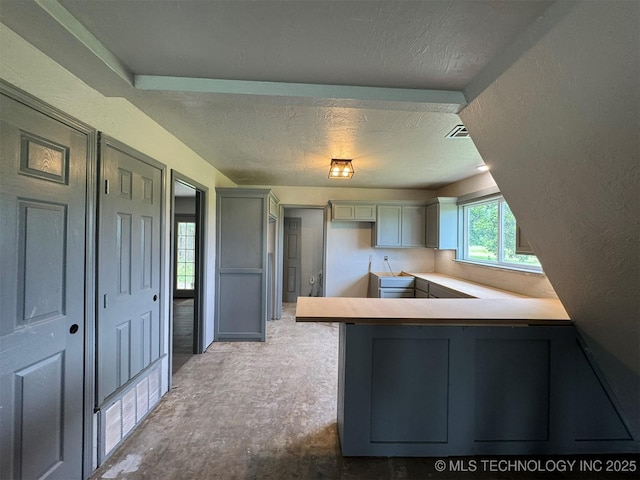 7235 Sunshine Rd, Davis, OK 73030 - kitchen featuring a peninsula, gray cabinetry, and a textured ceiling