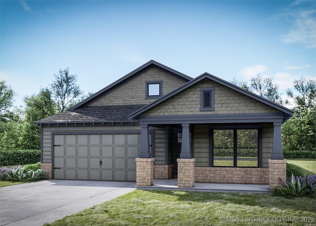 12030 E 106th Pl N, Owasso, OK 74055 - craftsman house featuring concrete driveway, a garage, a front yard, stone siding, and a shingled roof