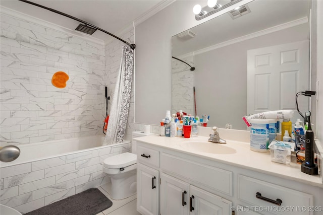 1105 N Joshua Ave, Broken Arrow, OK 74012 - bathroom with tiled shower / bath, vanity, toilet, crown molding, and tile patterned floors