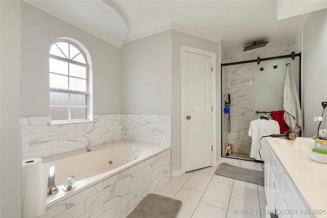 1105 N Joshua Ave, Broken Arrow, OK 74012 - full bathroom featuring a jetted tub, a stall shower, vanity, tile patterned flooring, and crown molding