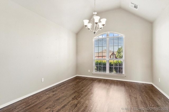 1620 E Granger St, Broken Arrow, OK 74012 - spare room with a chandelier, lofted ceiling, dark wood-style floors, and baseboards