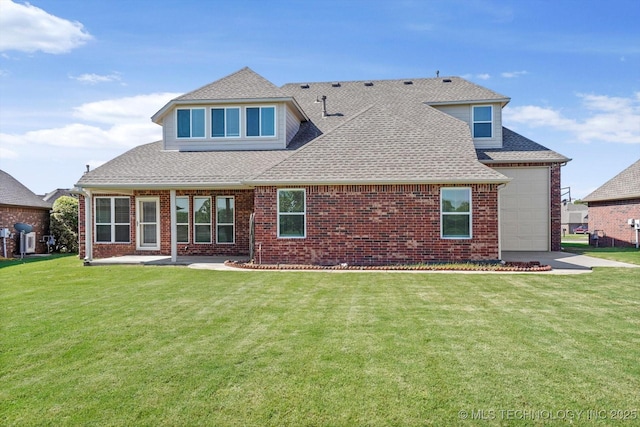 1620 E Granger St, Broken Arrow, OK 74012 - rear view of property featuring brick siding, a yard, a shingled roof, and an attached garage