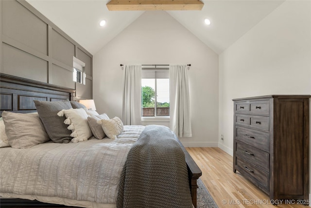10215 E 121st Pl S, Bixby, OK 74008 - bedroom featuring light wood-style floors, recessed lighting, baseboards, high vaulted ceiling, and beamed ceiling