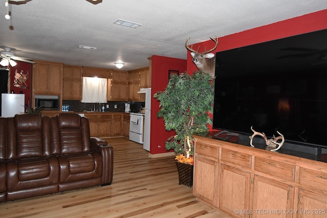 474679 E 1050th Rd, Muldrow, OK 74948 - kitchen with a ceiling fan, stainless steel microwave, a sink, light wood finished floors, and white electric stove