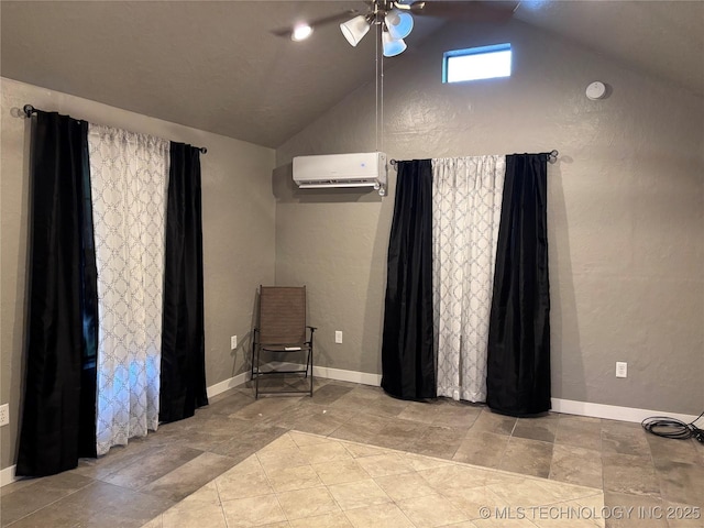 914 3rd Ave NE, Ardmore, OK 73401 - unfurnished room featuring a wall mounted AC, lofted ceiling, a ceiling fan, and baseboards