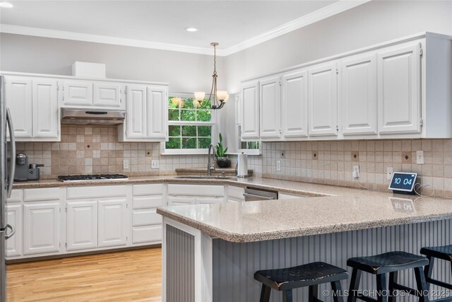 11937 S 18th St, Jenks, OK 74037 - kitchen with a sink, a peninsula, under cabinet range hood, light wood finished floors, and white cabinetry