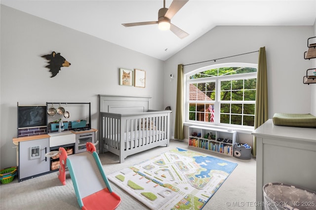 11937 S 18th St, Jenks, OK 74037 - bedroom with carpet floors, vaulted ceiling, a crib, and a ceiling fan