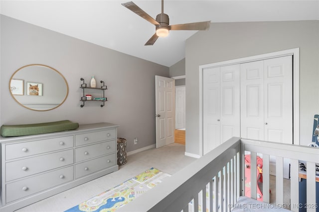 11937 S 18th St, Jenks, OK 74037 - bedroom featuring lofted ceiling, a closet, light colored carpet, baseboards, and a ceiling fan
