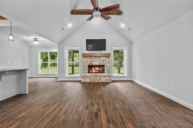 21893 S Arlene Dr, Claremore, OK 74019 - unfurnished living room with a fireplace, ceiling fan, baseboards, dark wood finished floors, and high vaulted ceiling