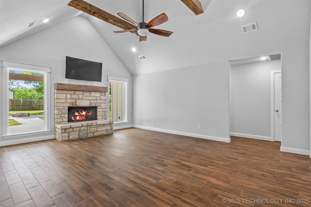 21893 S Arlene Dr, Claremore, OK 74019 - unfurnished living room with high vaulted ceiling, ceiling fan, a fireplace, baseboards, and wood finished floors