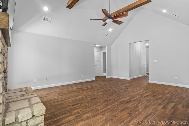 21893 S Arlene Dr, Claremore, OK 74019 - unfurnished living room featuring a ceiling fan, high vaulted ceiling, beamed ceiling, wood finished floors, and baseboards