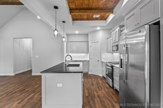 21893 S Arlene Dr, Claremore, OK 74019 - kitchen featuring appliances with stainless steel finishes, a sink, dark wood-style floors, recessed lighting, and wood ceiling with exposed beams