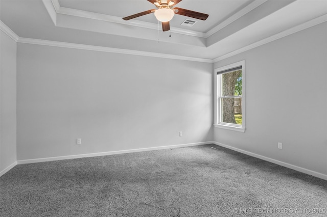21893 S Arlene Dr, Claremore, OK 74019 - unfurnished room featuring a raised ceiling, a ceiling fan, carpet, baseboards, and crown molding