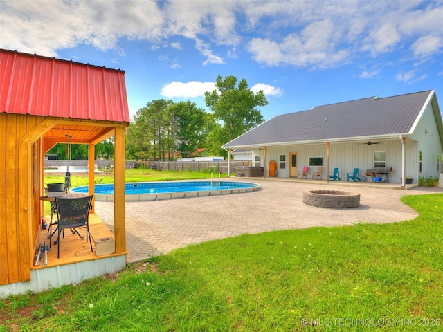23814 E 91st St S, Broken Arrow, OK 74014 - view of pool with an outdoor fire pit, ceiling fan, and a patio area