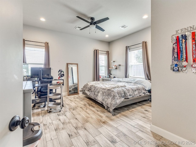 23814 E 91st St S, Broken Arrow, OK 74014 - bedroom with light wood finished floors, an office area, recessed lighting, baseboards, and a ceiling fan