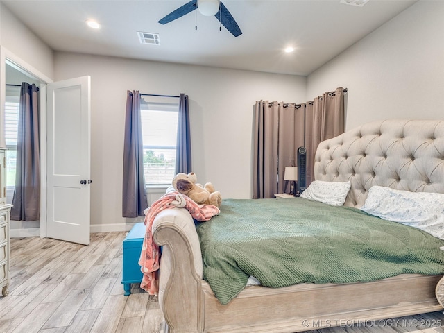 23814 E 91st St S, Broken Arrow, OK 74014 - bedroom featuring light wood-style floors, baseboards, recessed lighting, and a ceiling fan