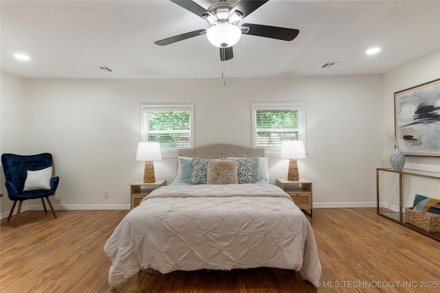 4514 S Quaker Ave, Tulsa, OK 74105 - bedroom with light wood-style floors, baseboards, a ceiling fan, and recessed lighting
