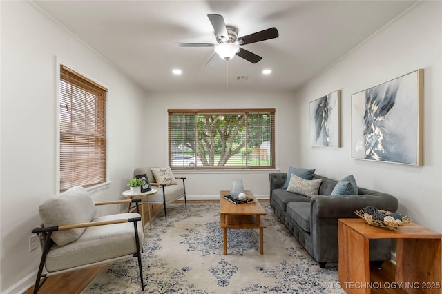 4514 S Quaker Ave, Tulsa, OK 74105 - living room with wood finished floors, a ceiling fan, baseboards, recessed lighting, and ornamental molding