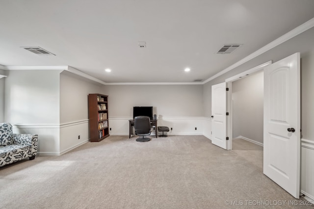 7734 S Indian Ave, Tulsa, OK 74132 - sitting room with recessed lighting, a desk, light carpet, and crown molding