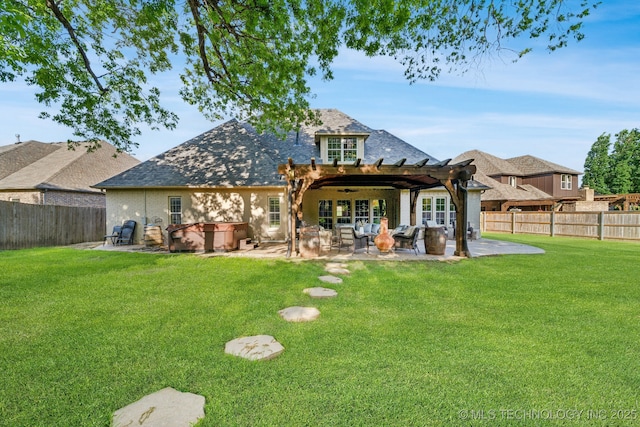 7734 S Indian Ave, Tulsa, OK 74132 - rear view of property with a hot tub, a pergola, a patio area, and a shingled roof
