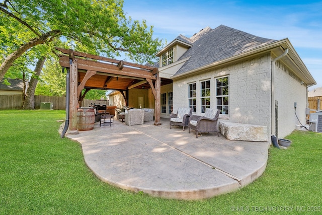7734 S Indian Ave, Tulsa, OK 74132 - rear view of property with an outdoor living space, a patio area, roof with shingles, a pergola, and central AC unit