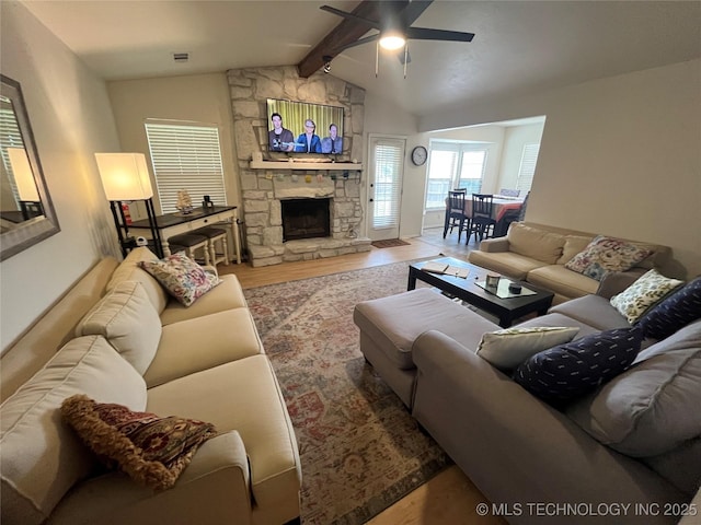 1700 S Cypress Ave, Broken Arrow, OK 74012 - living room featuring ceiling fan, wood finished floors, and a fireplace