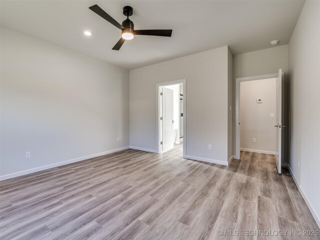 3011 S 6th Pl, Broken Arrow, OK 74012 - unfurnished bedroom featuring light wood-style floors, baseboards, recessed lighting, and ceiling fan