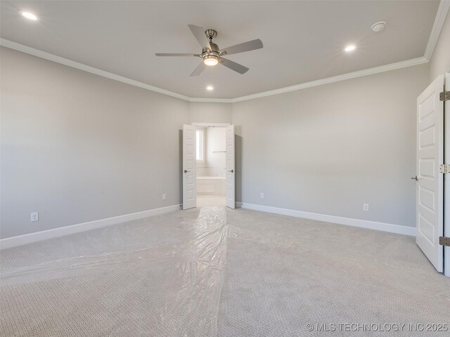 4010 W Baton Rouge St, Broken Arrow, OK 74011 - empty room with light carpet, a ceiling fan, recessed lighting, ornamental molding, and baseboards