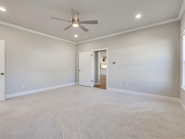 4010 W Baton Rouge St, Broken Arrow, OK 74011 - unfurnished bedroom featuring crown molding, recessed lighting, light carpet, baseboards, and a ceiling fan
