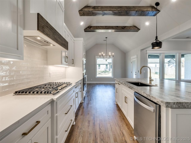 4010 W Baton Rouge St, Broken Arrow, OK 74011 - kitchen with appliances with stainless steel finishes, a sink, dark wood-type flooring, white cabinetry, and backsplash