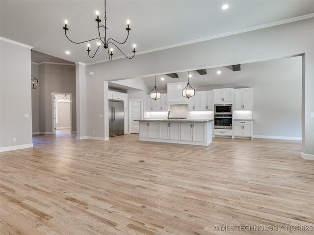 4011 W Baton Rouge St, Broken Arrow, OK 74011 - unfurnished living room with a chandelier, crown molding, lofted ceiling, baseboards, and light wood-style flooring