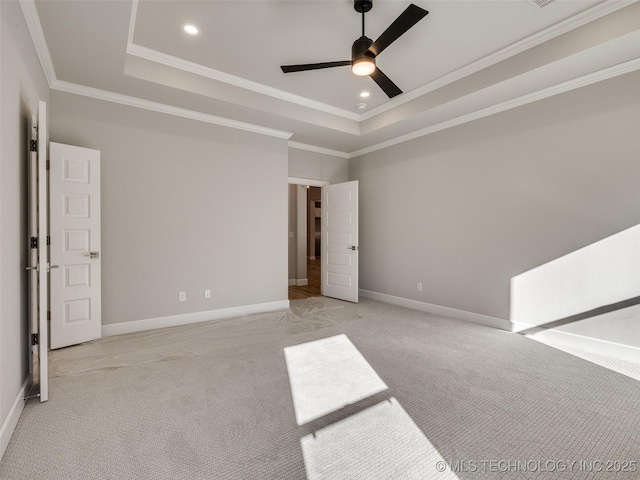 4011 W Baton Rouge St, Broken Arrow, OK 74011 - unfurnished room with a raised ceiling, light carpet, ceiling fan, crown molding, and baseboards