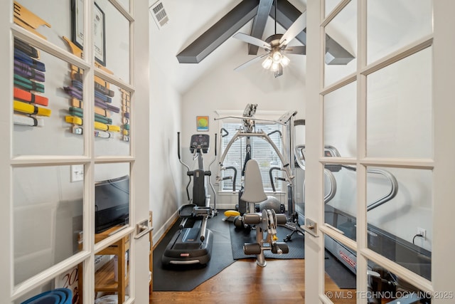 12419 S 102nd E Ave, Bixby, OK 74008 - exercise room featuring lofted ceiling, a ceiling fan, and wood finished floors
