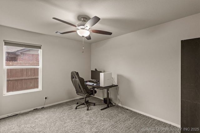 13010 E 122nd Pl, Collinsville, OK 74021 - office area featuring ceiling fan, carpet floors, and baseboards