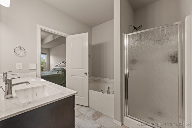 13010 E 122nd Pl, Collinsville, OK 74021 - bathroom featuring a shower stall, a bath, double vanity, and vaulted ceiling