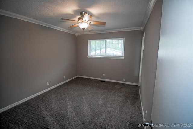 11612 E 28th St, Tulsa, OK 74129 - spare room featuring ornamental molding, a ceiling fan, dark colored carpet, a textured ceiling, and baseboards