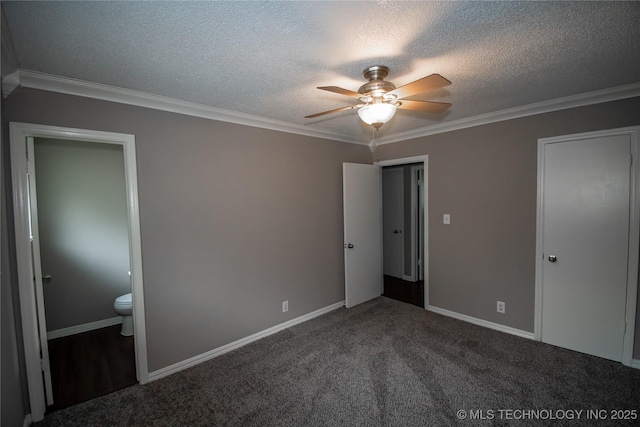 11612 E 28th St, Tulsa, OK 74129 - unfurnished bedroom with crown molding, carpet flooring, a textured ceiling, ensuite bath, and baseboards