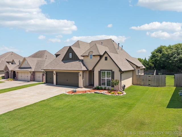 16210 E 49th St, Tulsa, OK 74134 - french country home featuring an attached garage, stucco siding, and driveway