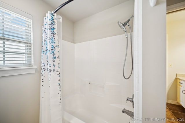 16210 E 49th St, Tulsa, OK 74134 - bathroom featuring shower / tub combo with curtain, vanity, and tile patterned floors