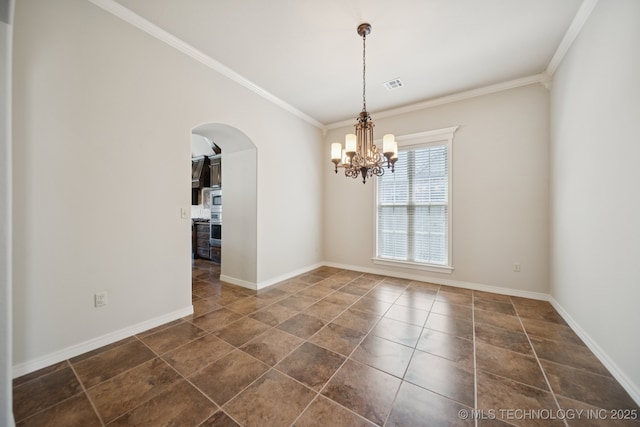 16210 E 49th St, Tulsa, OK 74134 - empty room with crown molding, arched walkways, baseboards, and a chandelier