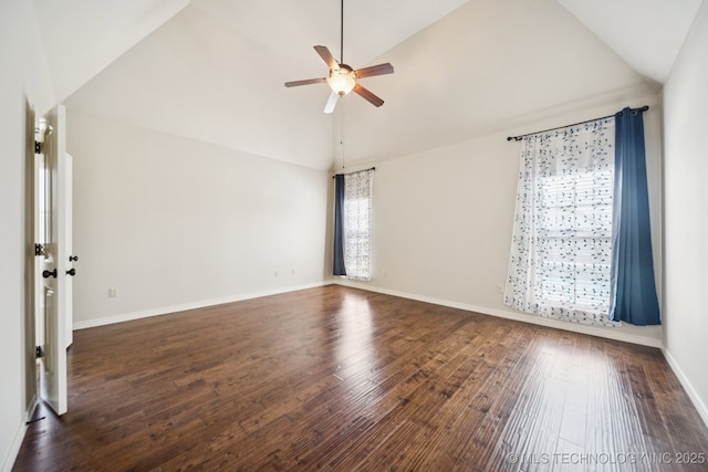 16210 E 49th St, Tulsa, OK 74134 - empty room with a ceiling fan, high vaulted ceiling, wood finished floors, and baseboards