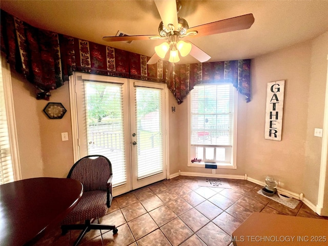 1403 NW Mimosa Cir, Stigler, OK 74462 - doorway to outside with healthy amount of natural light, tile patterned floors, french doors, and ceiling fan