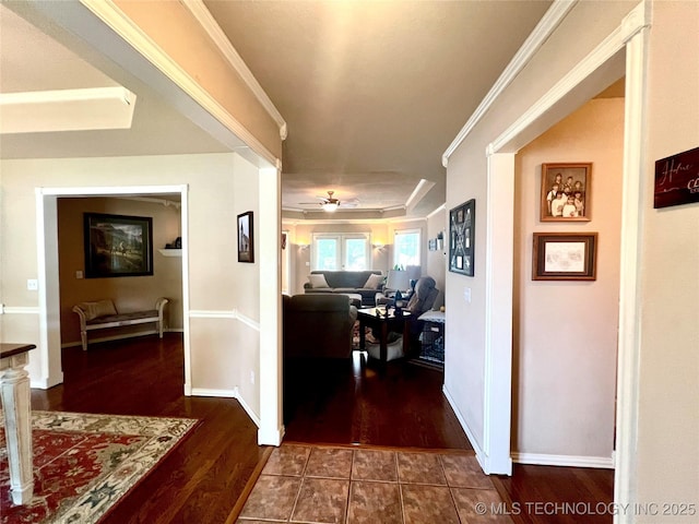 1403 NW Mimosa Cir, Stigler, OK 74462 - corridor with wood finished floors, baseboards, and ornamental molding