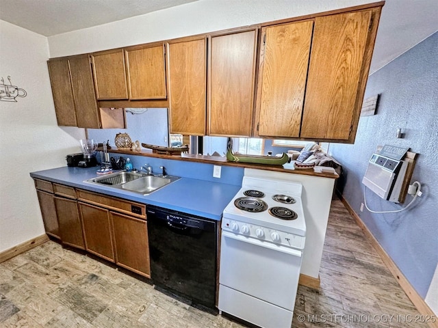 31663 S 530th Rd, Cookson, OK 74427 - kitchen with black dishwasher, electric range, a sink, baseboards, and brown cabinets