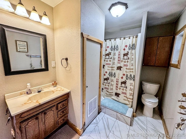 31663 S 530th Rd, Cookson, OK 74427 - full bath featuring vanity, toilet, a textured wall, marble finish flooring, and curtained shower