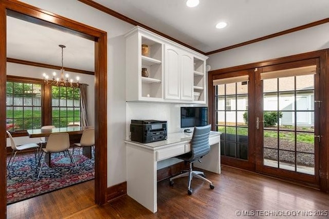1701 S Rockford Ave, Tulsa, OK 74120 - office space with ornamental molding, a chandelier, built in study area, wood finished floors, and recessed lighting